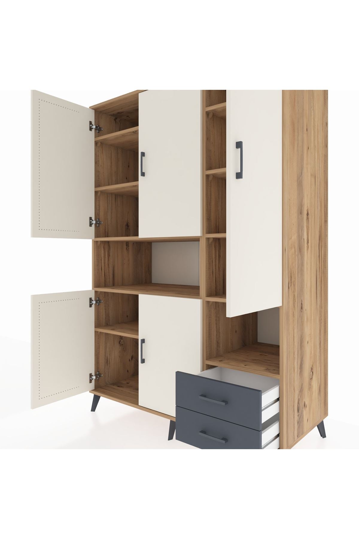 Kronos Dolap 10 Raflı 2 Çekmeceli 5 Kapaklı 132x59x195 Çam-Aytaşı/Antrasit