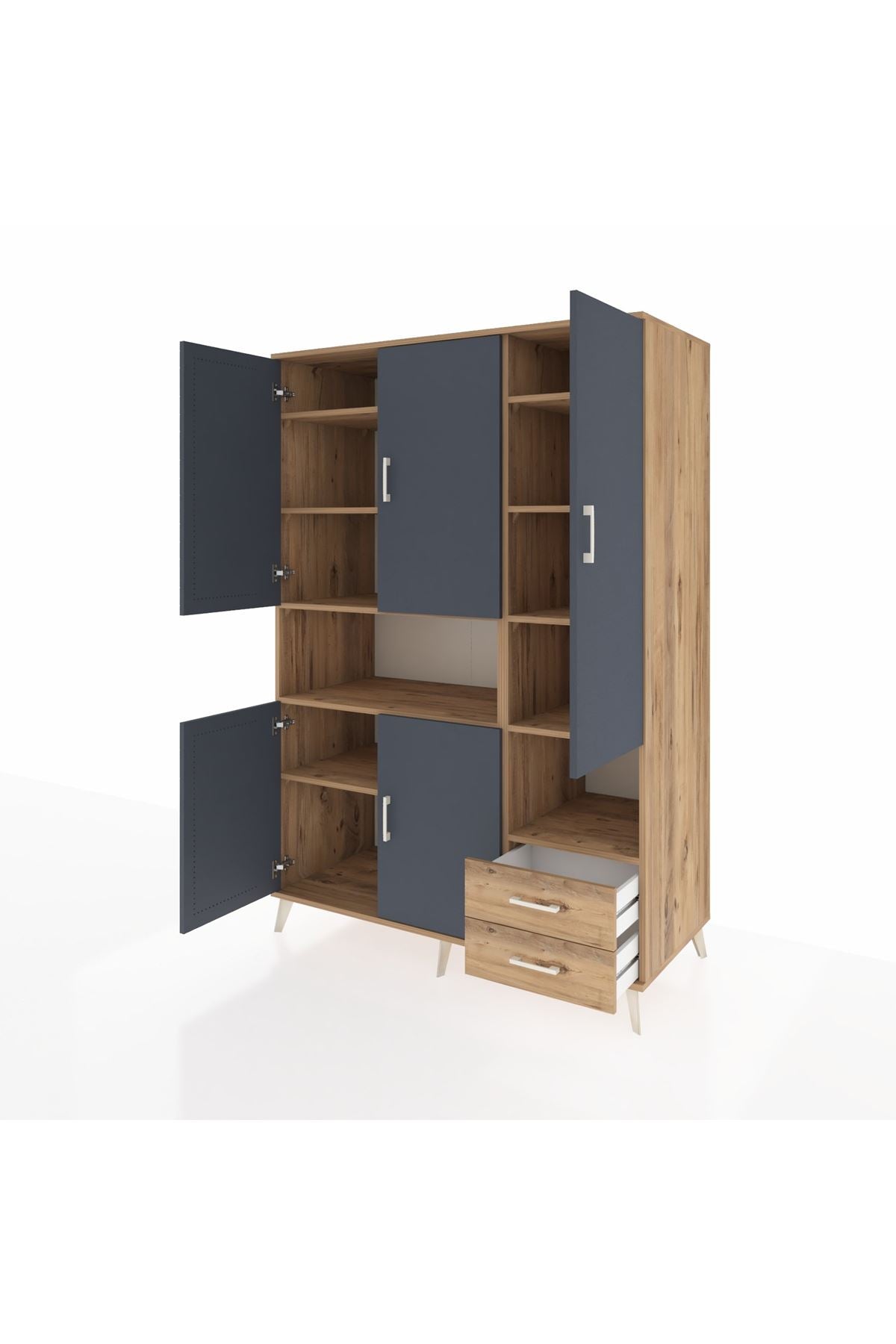 Kronos Dolap 10 Raflı 2 Çekmeceli 5 Kapaklı 132x59x195 Çam-Antrasit/Çam