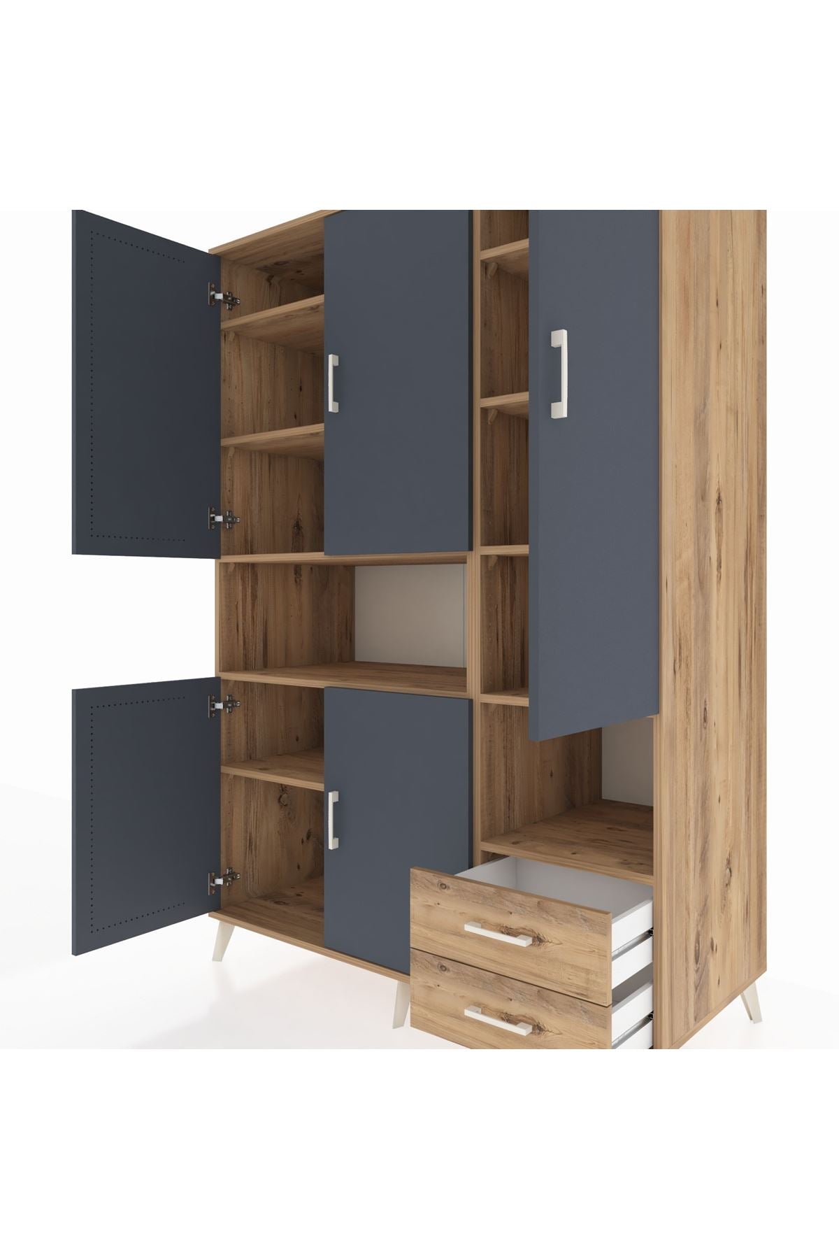 Kronos Dolap 10 Raflı 2 Çekmeceli 5 Kapaklı 132x59x195 Çam-Antrasit/Çam