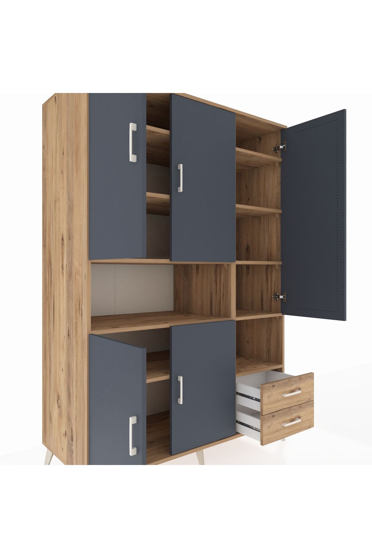 Kronos Dolap 10 Raflı 2 Çekmeceli 5 Kapaklı 132x59x195 Çam-Antrasit/Çam