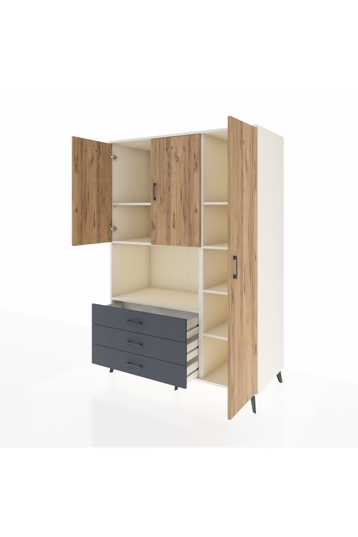 Kronos Dolap 7 Raflı 3 Çekmeceli 3 Kapaklı 132x59x195 Aytaşı-Çam/Antrasit