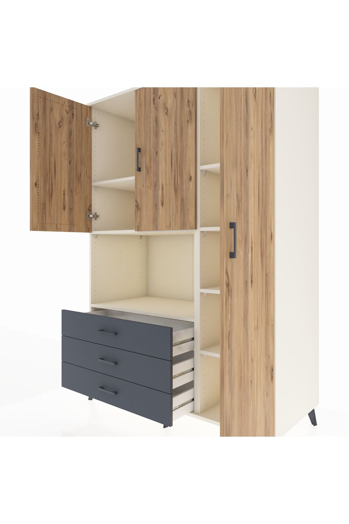 Kronos Dolap 7 Raflı 3 Çekmeceli 3 Kapaklı 132x59x195 Aytaşı-Çam/Antrasit