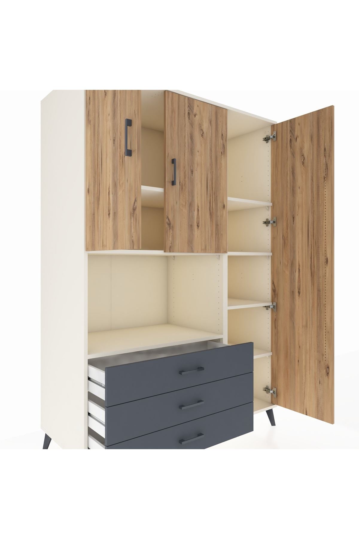 Kronos Dolap 7 Raflı 3 Çekmeceli 3 Kapaklı 132x59x195 Aytaşı-Çam/Antrasit