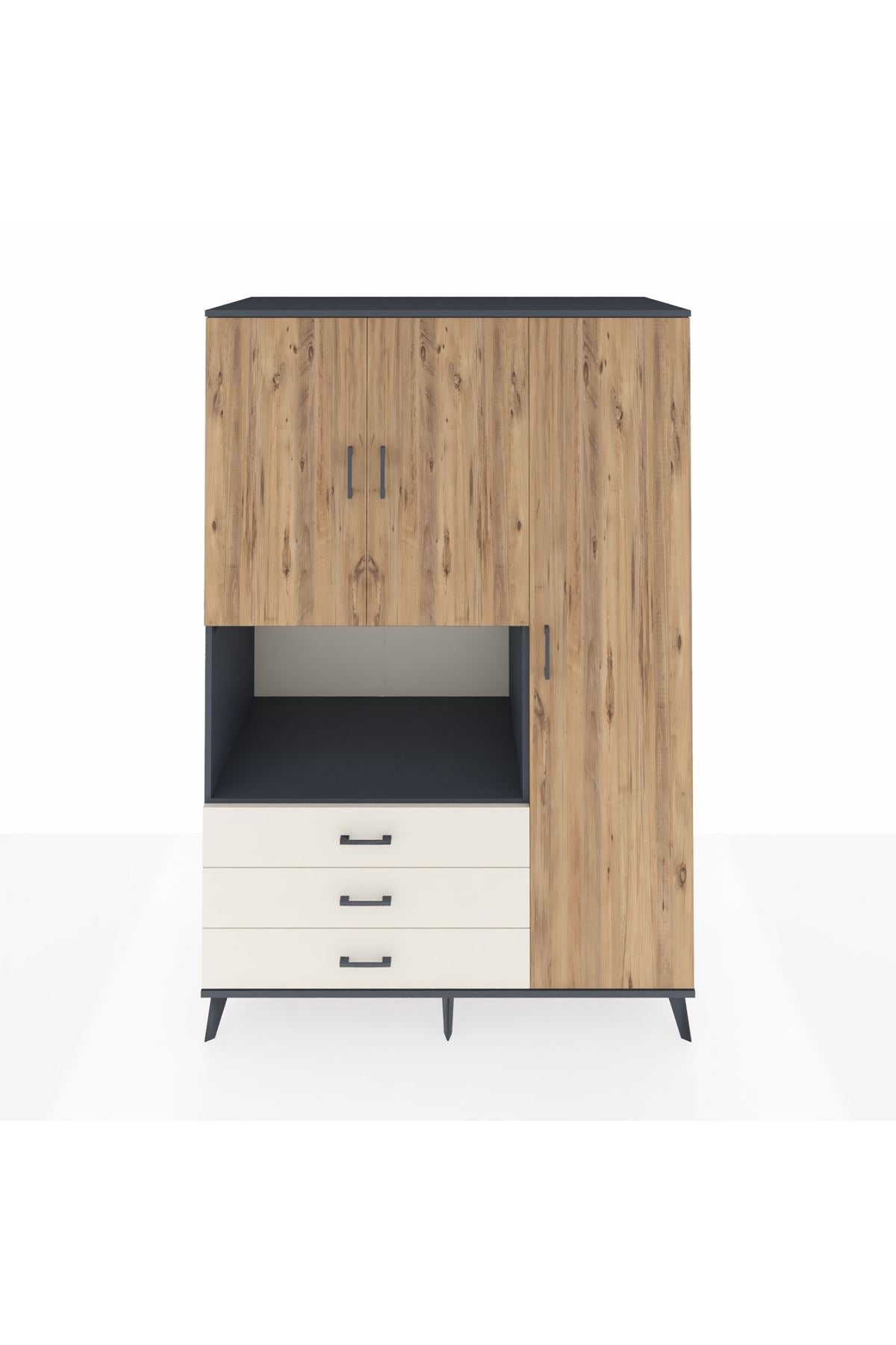 Kronos Dolap 7 Raflı 3 Çekmeceli 3 Kapaklı 132x59x195 Antrasit-Çam/Aytaşı