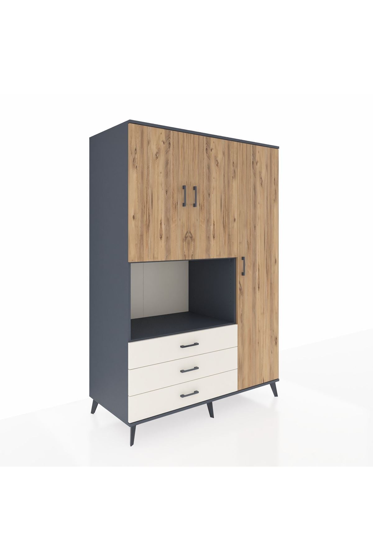 Kronos Dolap 7 Raflı 3 Çekmeceli 3 Kapaklı 132x59x195 Antrasit-Çam/Aytaşı