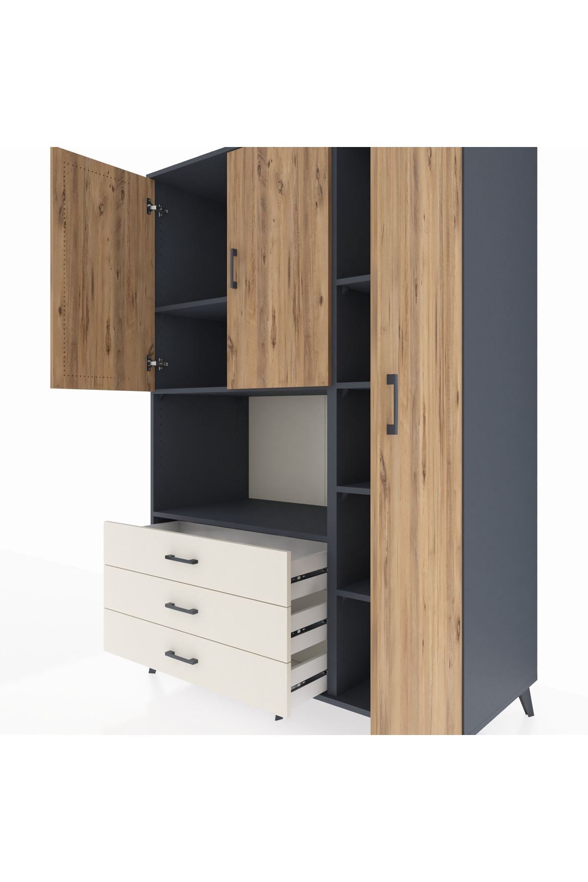 Kronos Dolap 7 Raflı 3 Çekmeceli 3 Kapaklı 132x59x195 Antrasit-Çam/Aytaşı