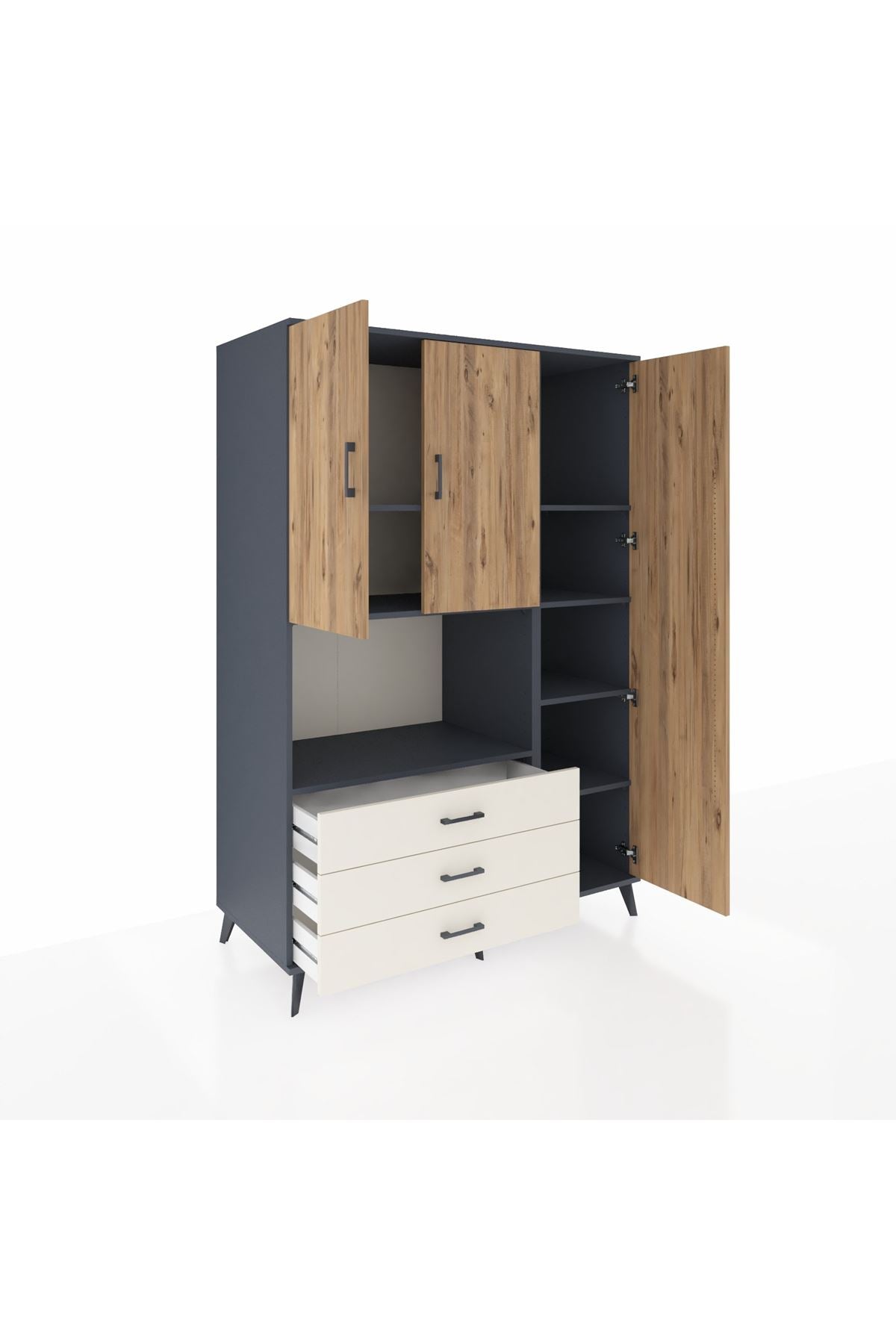 Kronos Dolap 7 Raflı 3 Çekmeceli 3 Kapaklı 132x59x195 Antrasit-Çam/Aytaşı