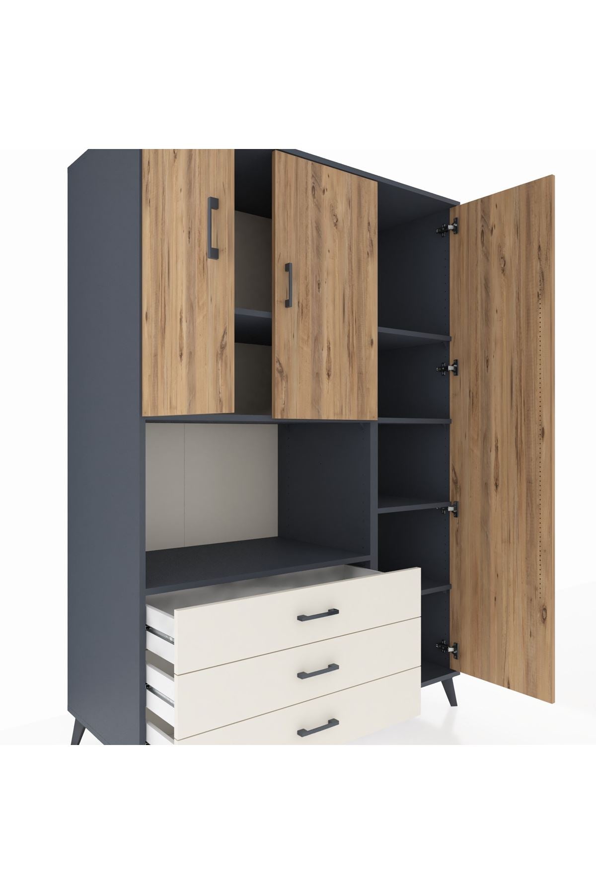 Kronos Dolap 7 Raflı 3 Çekmeceli 3 Kapaklı 132x59x195 Antrasit-Çam/Aytaşı