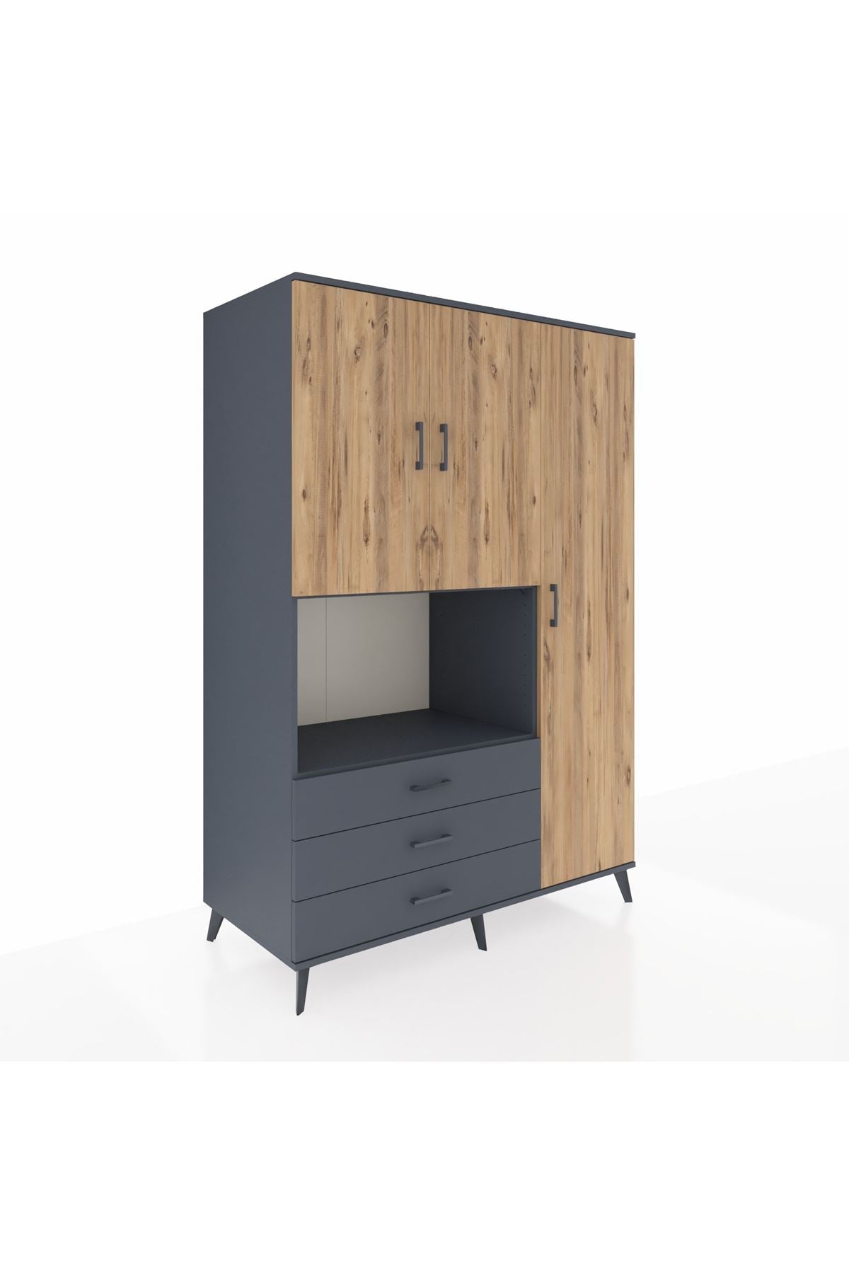Kronos Dolap 7 Raflı 3 Çekmeceli 3 Kapaklı 132x59x195 Antrasit-Çam/Antrasit