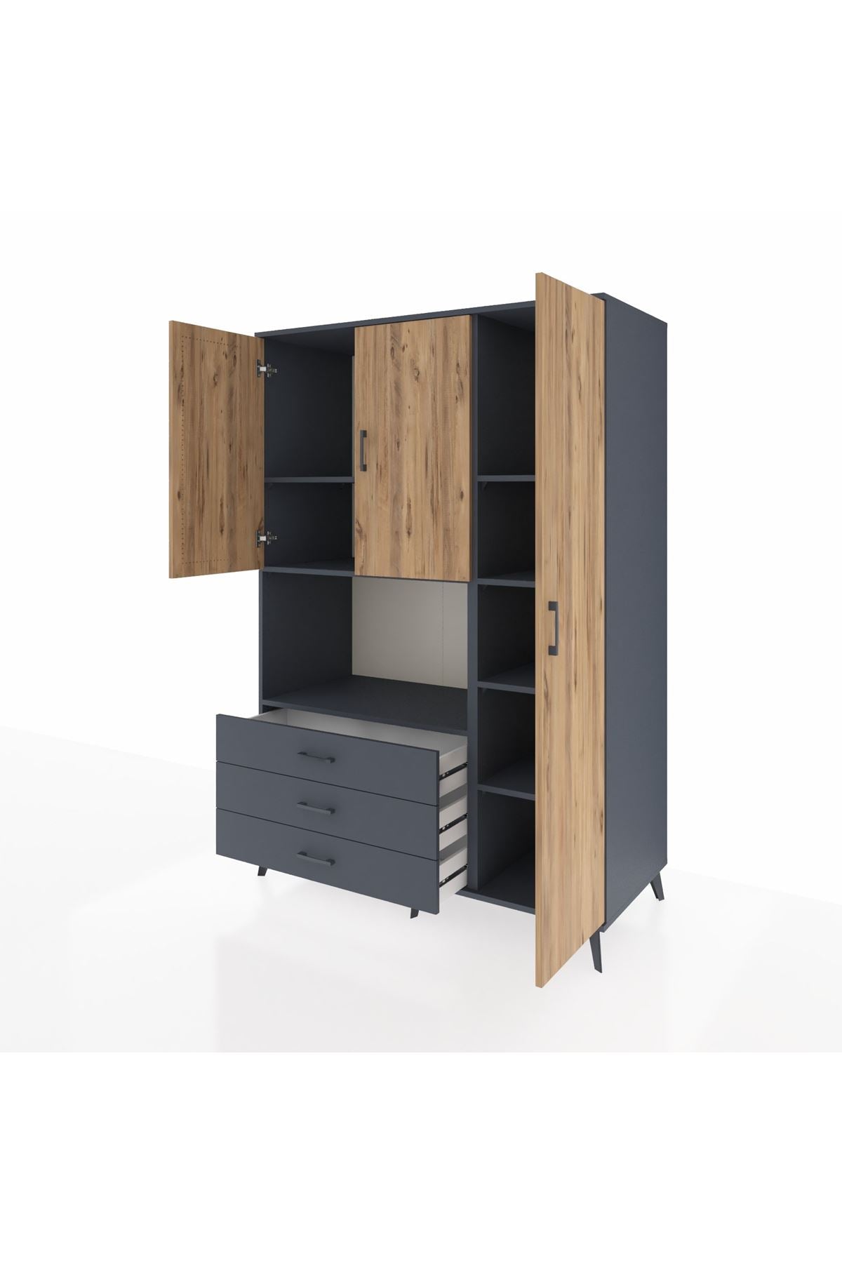 Kronos Dolap 7 Raflı 3 Çekmeceli 3 Kapaklı 132x59x195 Antrasit-Çam/Antrasit