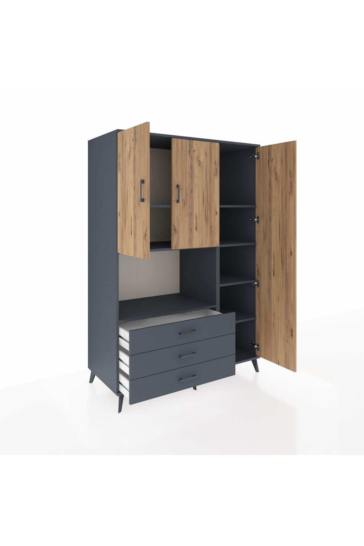 Kronos Dolap 7 Raflı 3 Çekmeceli 3 Kapaklı 132x59x195 Antrasit-Çam/Antrasit