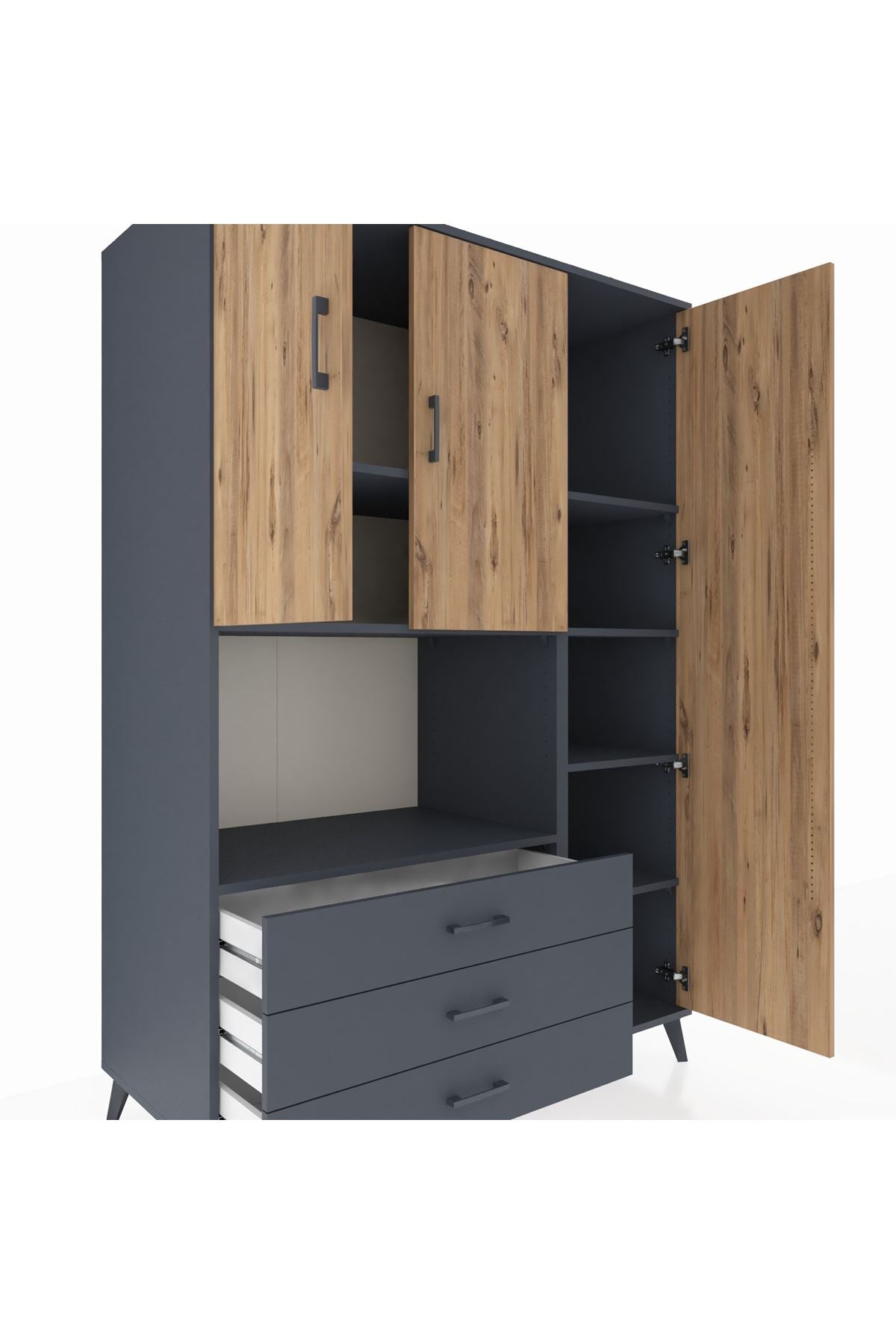 Kronos Dolap 7 Raflı 3 Çekmeceli 3 Kapaklı 132x59x195 Antrasit-Çam/Antrasit