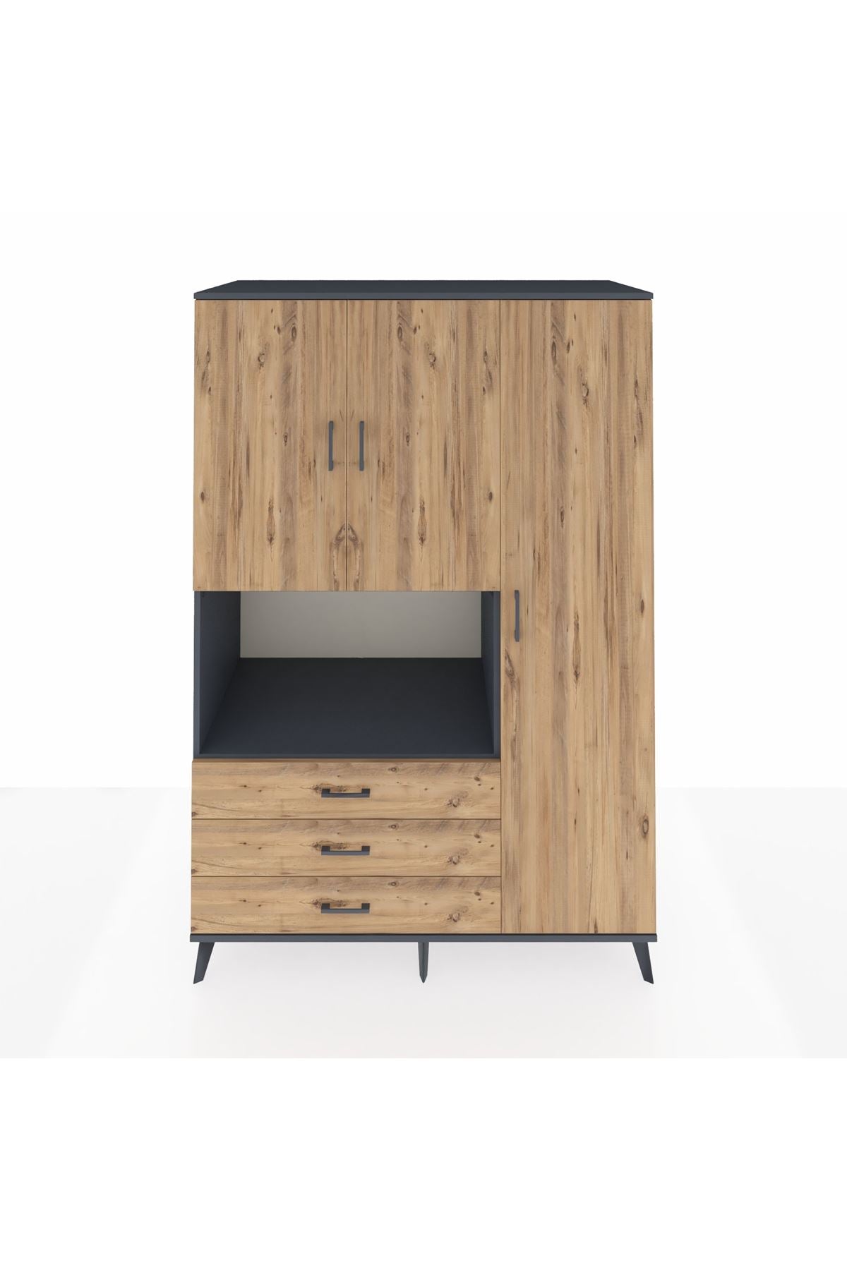 Kronos Dolap 7 Raflı 3 Çekmeceli 3 Kapaklı 132x59x195 Antrasit-Çam/Çam