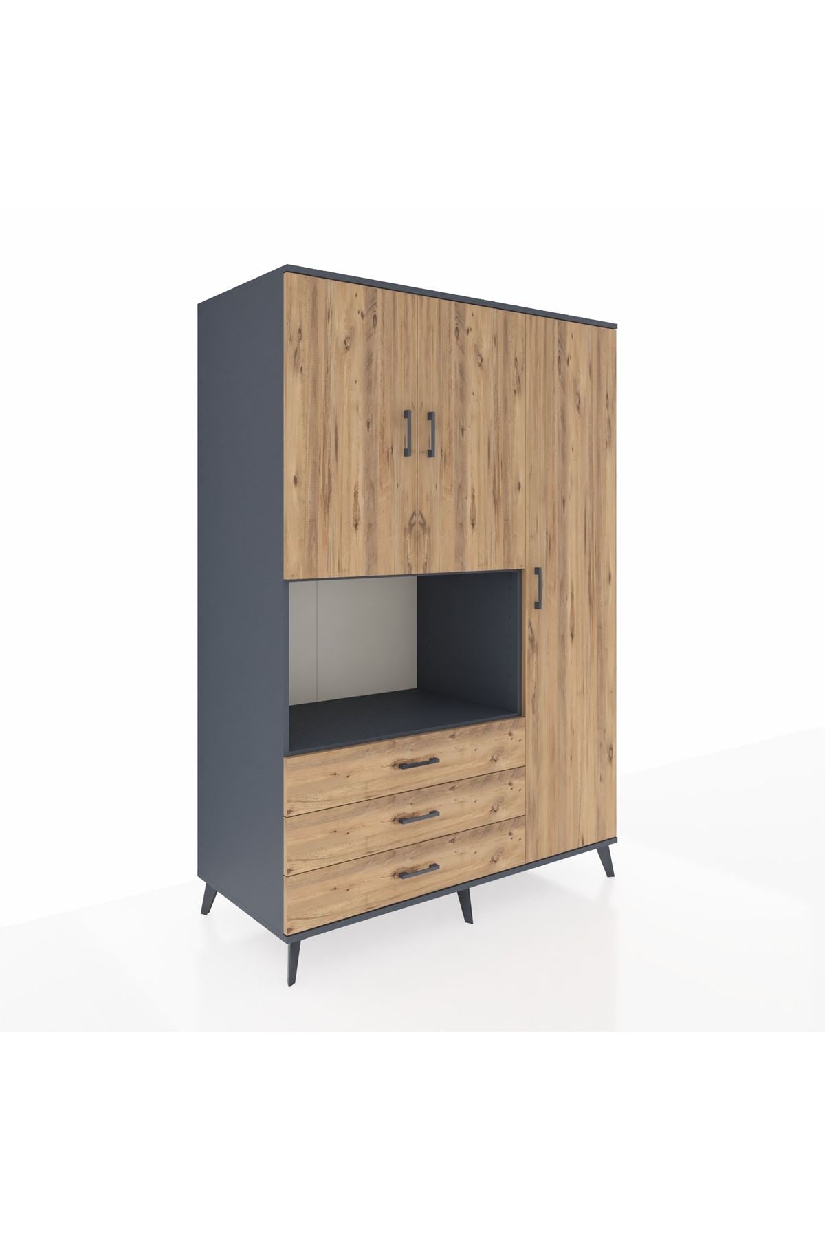 Kronos Dolap 7 Raflı 3 Çekmeceli 3 Kapaklı 132x59x195 Antrasit-Çam/Çam