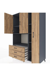 Kronos Dolap 7 Raflı 3 Çekmeceli 3 Kapaklı 132x59x195 Antrasit-Çam/Çam