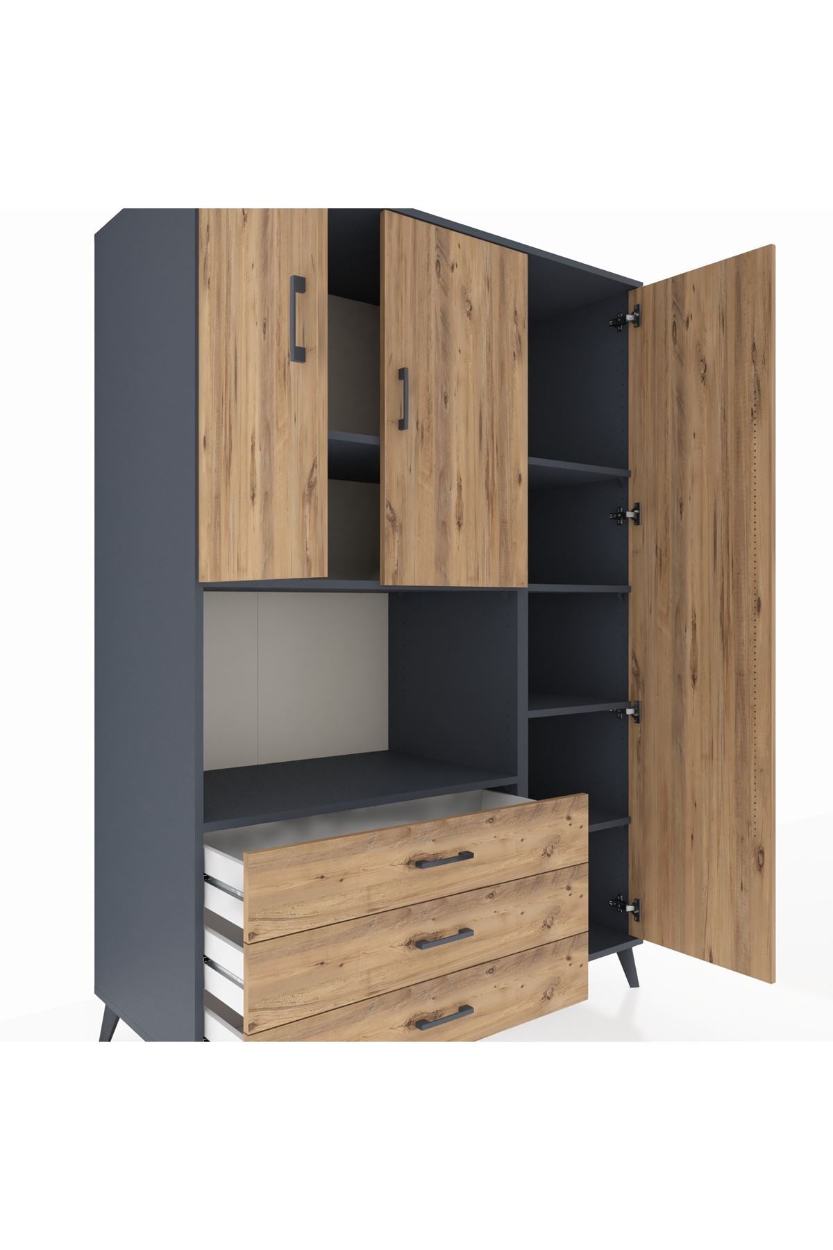 Kronos Dolap 7 Raflı 3 Çekmeceli 3 Kapaklı 132x59x195 Antrasit-Çam/Çam