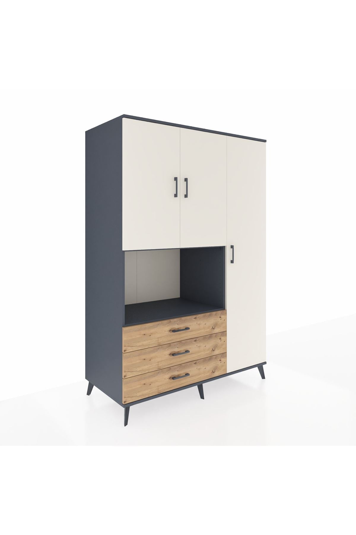 Kronos Dolap 7 Raflı 3 Çekmeceli 3 Kapaklı 132x59x195 Antrasit-Aytaşı/Çam