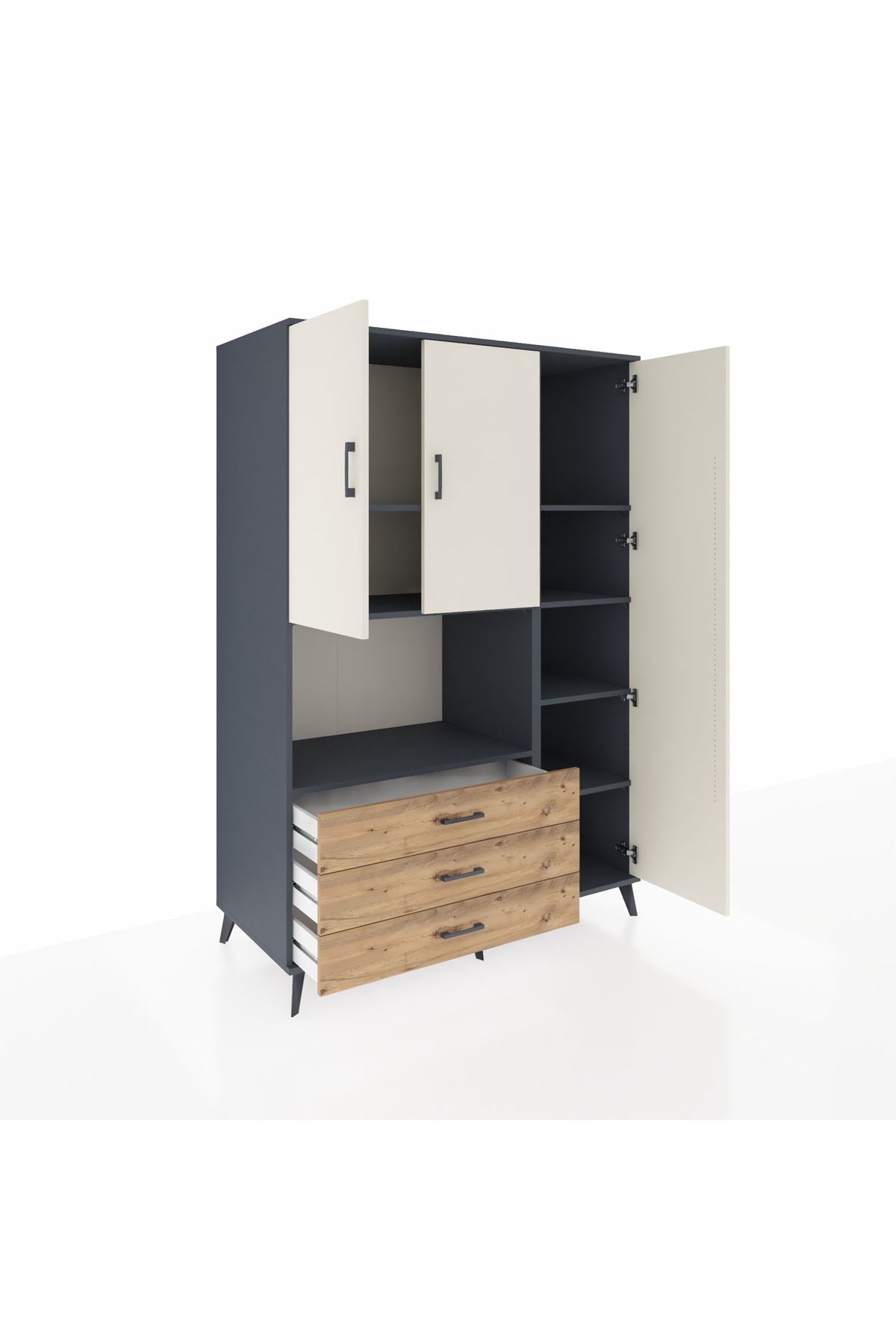 Kronos Dolap 7 Raflı 3 Çekmeceli 3 Kapaklı 132x59x195 Antrasit-Aytaşı/Çam