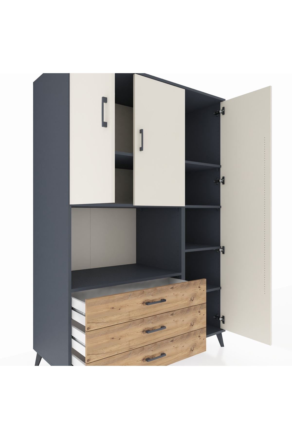Kronos Dolap 7 Raflı 3 Çekmeceli 3 Kapaklı 132x59x195 Antrasit-Aytaşı/Çam