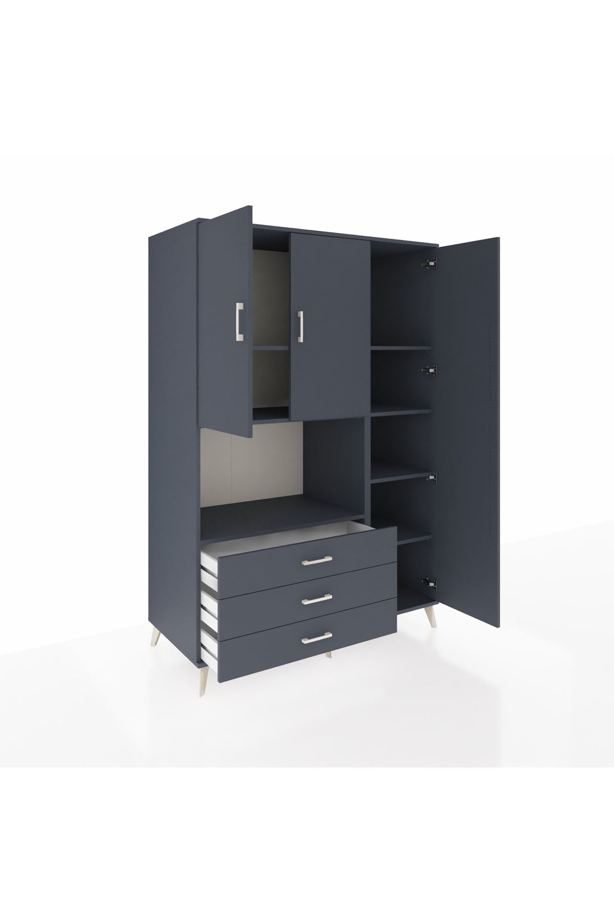 Kronos Dolap 7 Raflı 3 Çekmeceli 3 Kapaklı 132x59x195 Antrasit-Antrasit/Antrasit