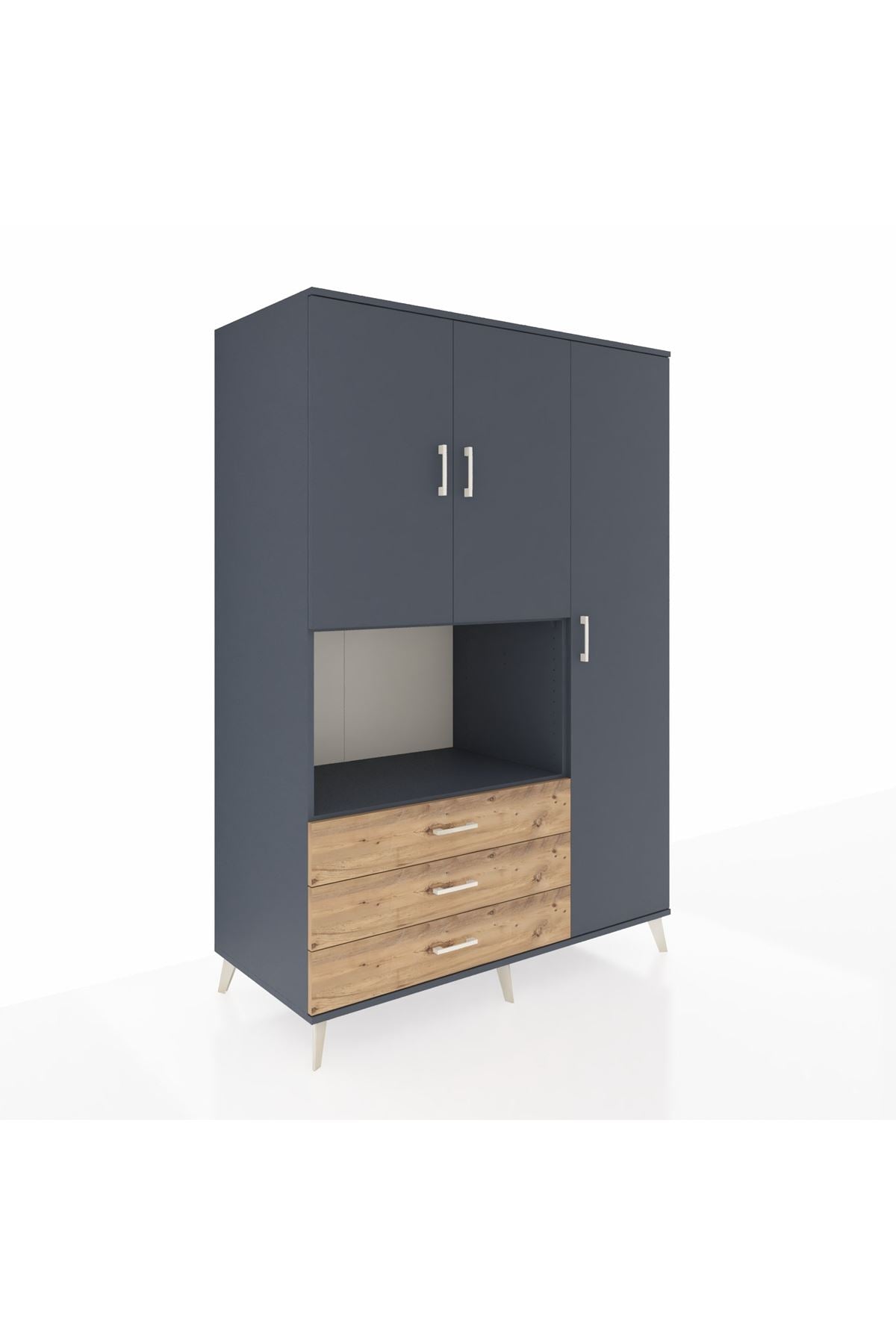 Kronos Dolap 7 Raflı 3 Çekmeceli 3 Kapaklı 132x59x195 Antrasit-Antrasit/Çam