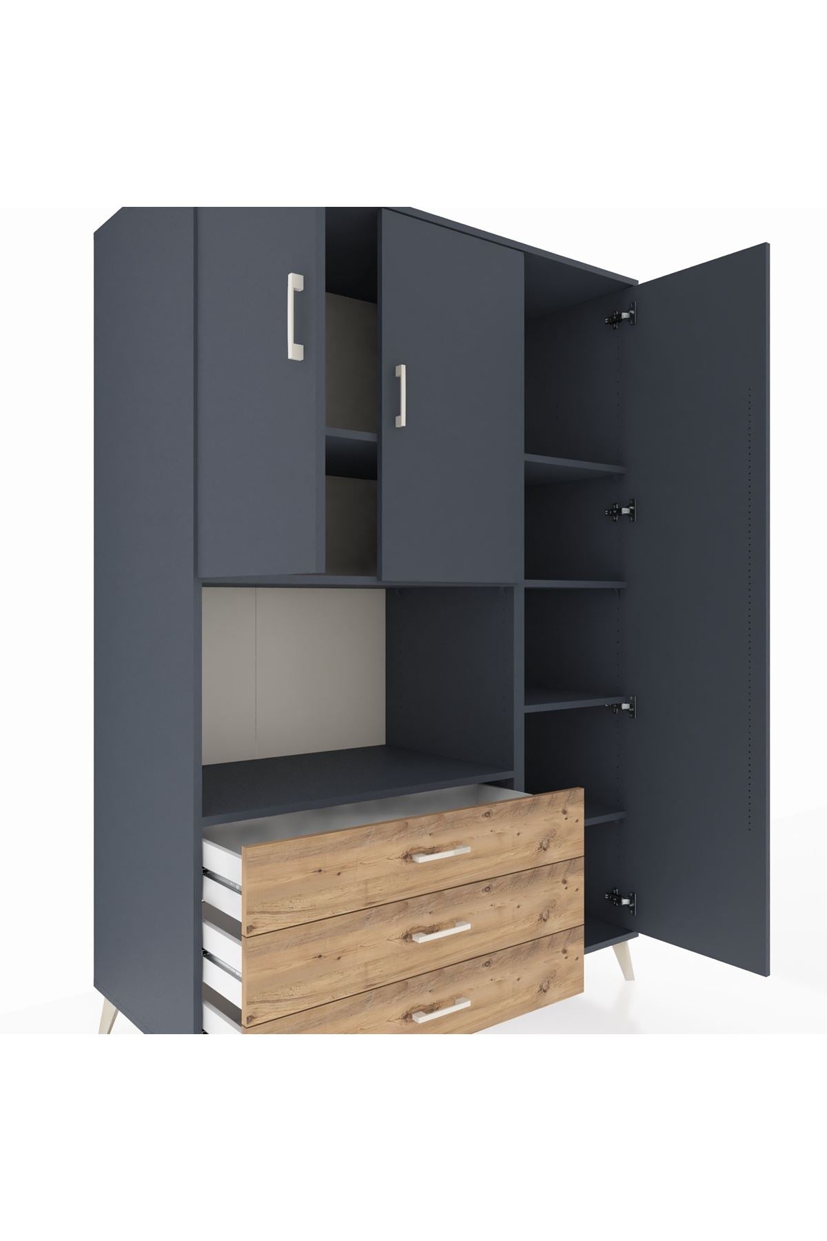 Kronos Dolap 7 Raflı 3 Çekmeceli 3 Kapaklı 132x59x195 Antrasit-Antrasit/Çam