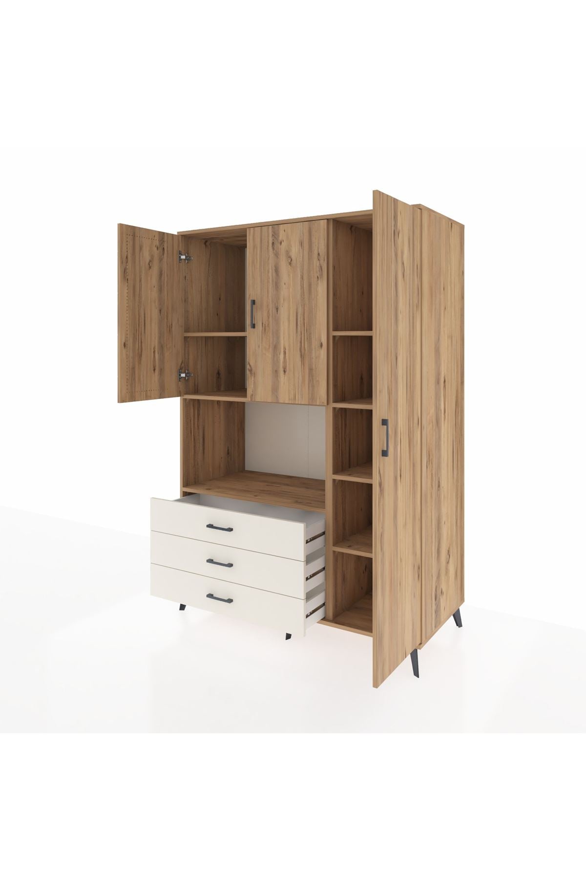 Kronos Dolap 7 Raflı 3 Çekmeceli 3 Kapaklı 132x59x195 Çam-Çam/Aytaşı