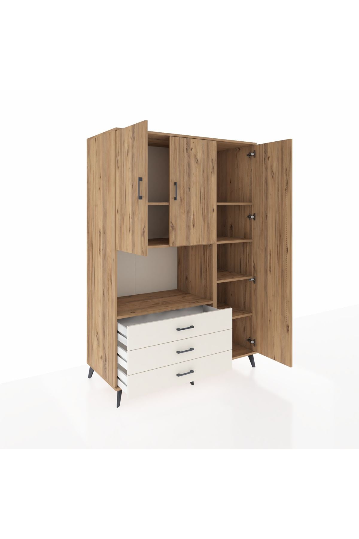 Kronos Dolap 7 Raflı 3 Çekmeceli 3 Kapaklı 132x59x195 Çam-Çam/Aytaşı