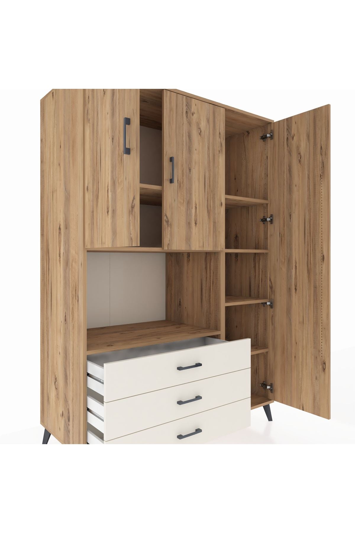 Kronos Dolap 7 Raflı 3 Çekmeceli 3 Kapaklı 132x59x195 Çam-Çam/Aytaşı