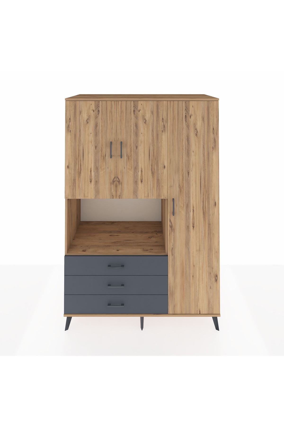 Kronos Dolap 7 Raflı 3 Çekmeceli 3 Kapaklı 132x59x195 Çam-Çam/Antrasit