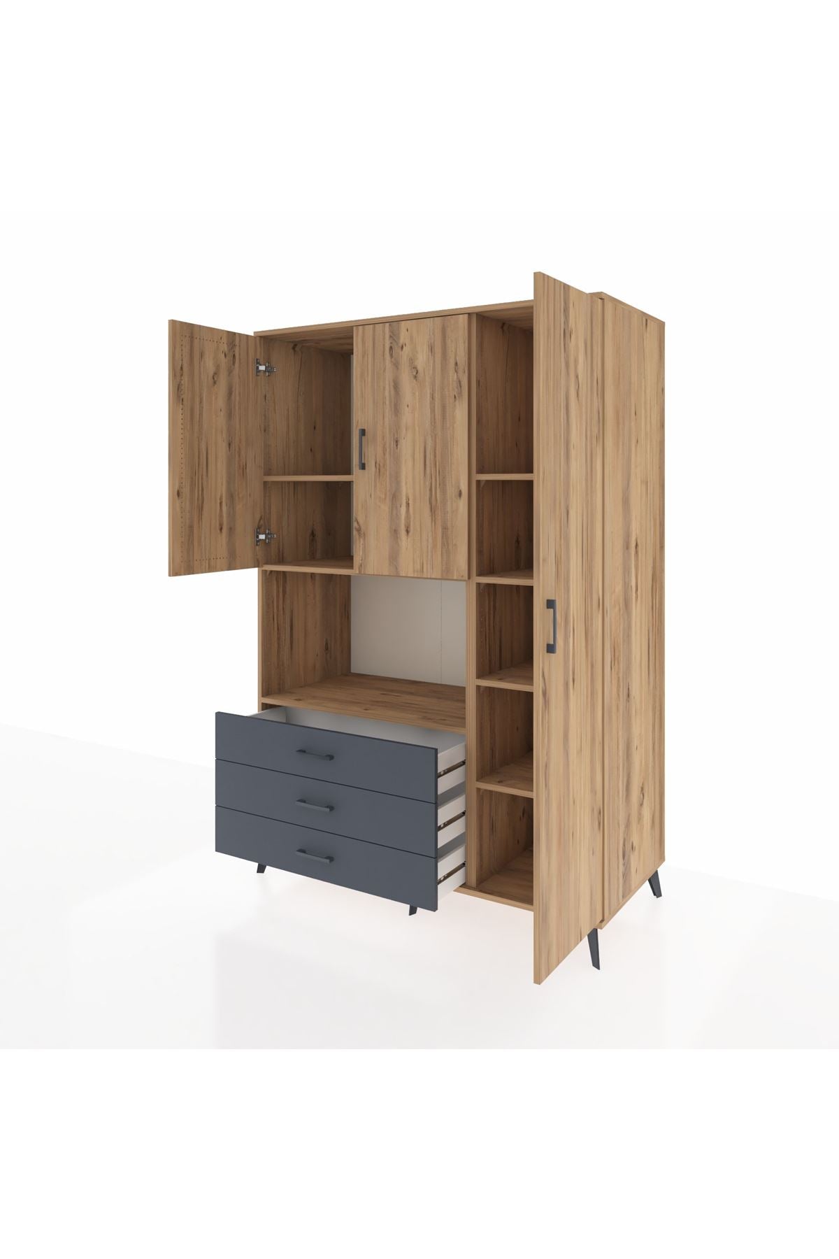 Kronos Dolap 7 Raflı 3 Çekmeceli 3 Kapaklı 132x59x195 Çam-Çam/Antrasit