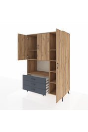 Kronos Dolap 7 Raflı 3 Çekmeceli 3 Kapaklı 132x59x195 Çam-Çam/Antrasit