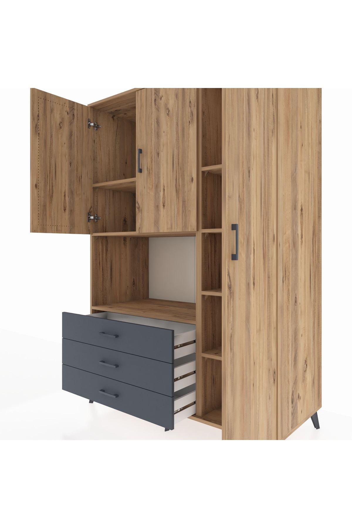 Kronos Dolap 7 Raflı 3 Çekmeceli 3 Kapaklı 132x59x195 Çam-Çam/Antrasit