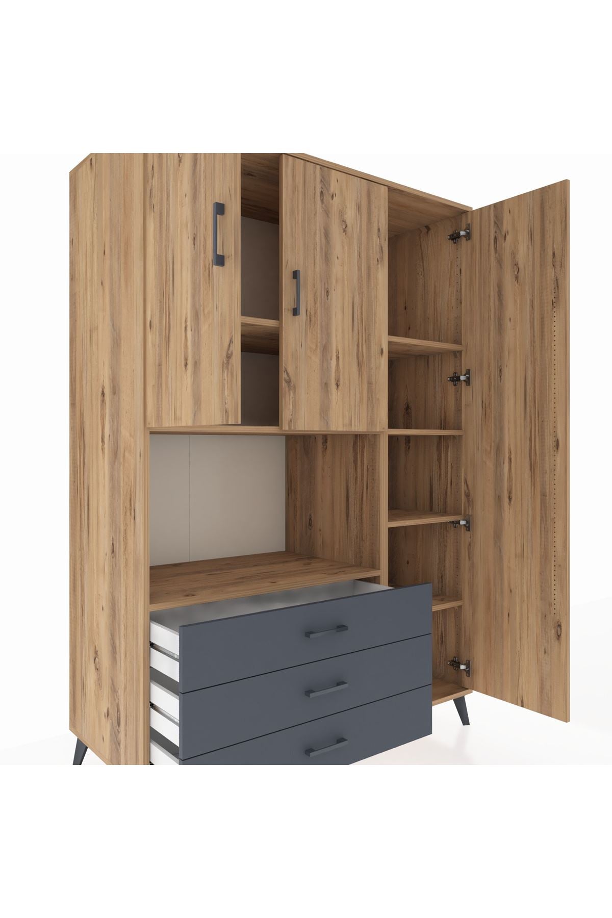 Kronos Dolap 7 Raflı 3 Çekmeceli 3 Kapaklı 132x59x195 Çam-Çam/Antrasit