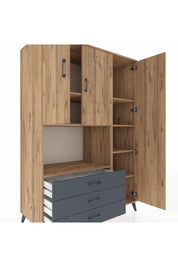 Kronos Dolap 7 Raflı 3 Çekmeceli 3 Kapaklı 132x59x195 Çam-Çam/Antrasit