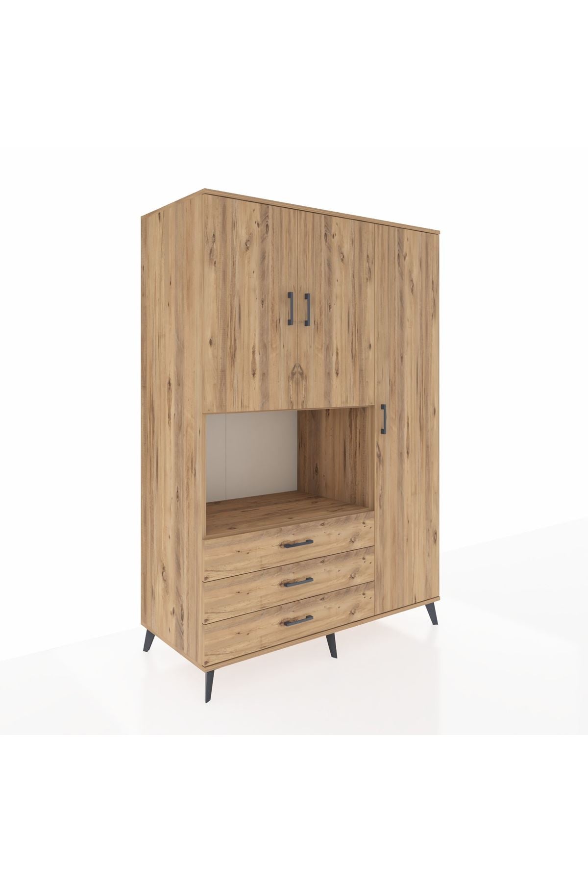 Kronos Dolap 7 Raflı 3 Çekmeceli 3 Kapaklı 132x59x195 Çam-Çam/Çam