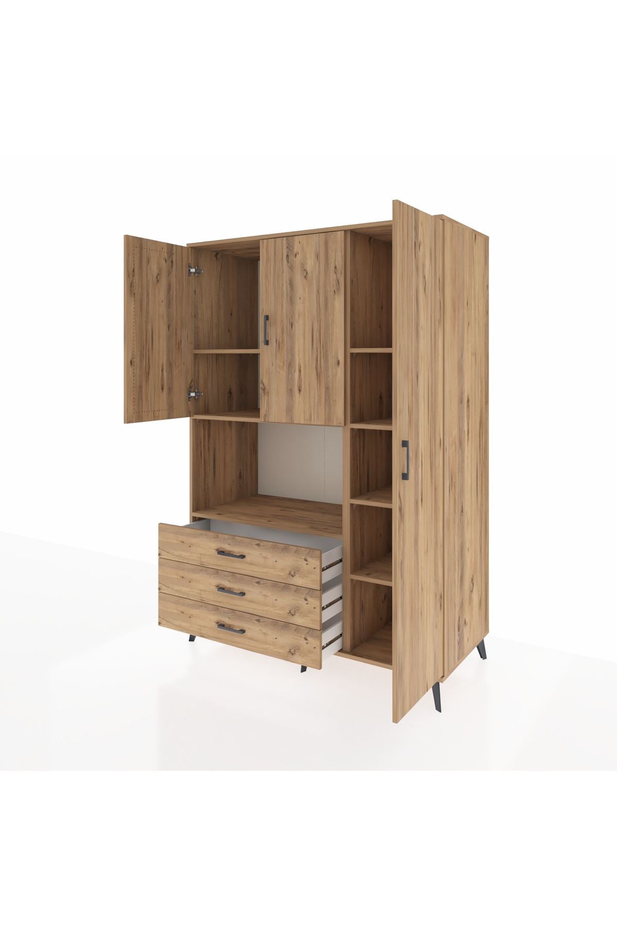 Kronos Dolap 7 Raflı 3 Çekmeceli 3 Kapaklı 132x59x195 Çam-Çam/Çam