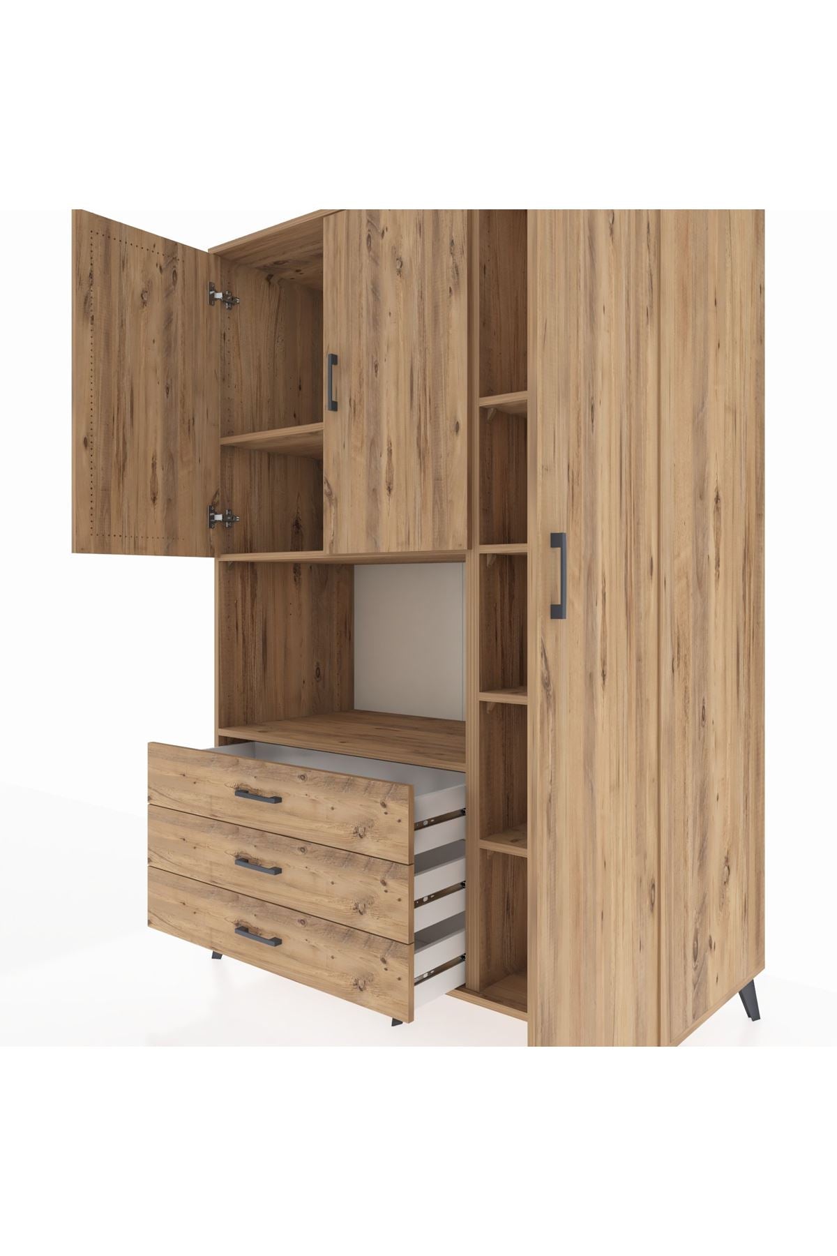 Kronos Dolap 7 Raflı 3 Çekmeceli 3 Kapaklı 132x59x195 Çam-Çam/Çam