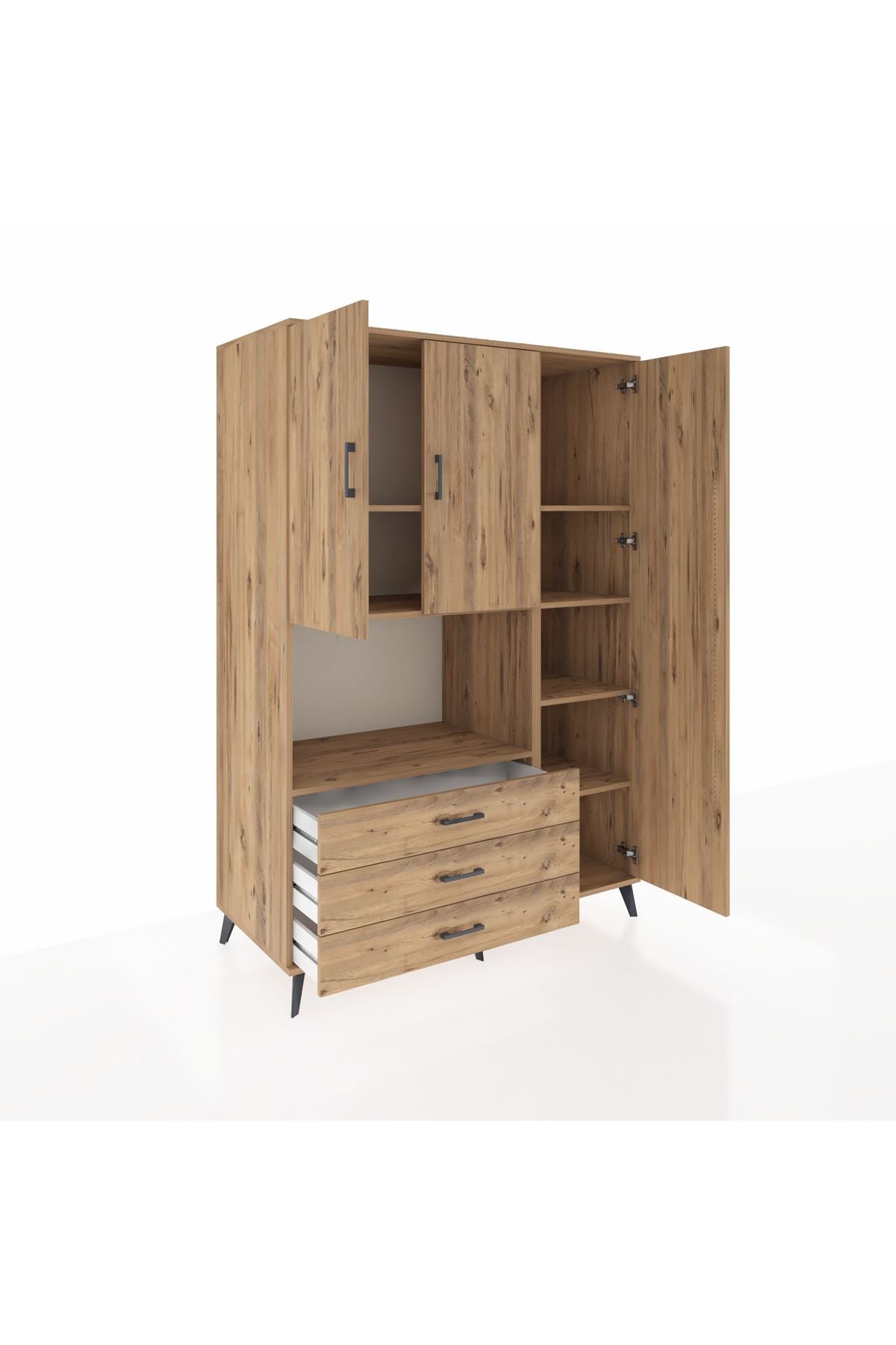 Kronos Dolap 7 Raflı 3 Çekmeceli 3 Kapaklı 132x59x195 Çam-Çam/Çam