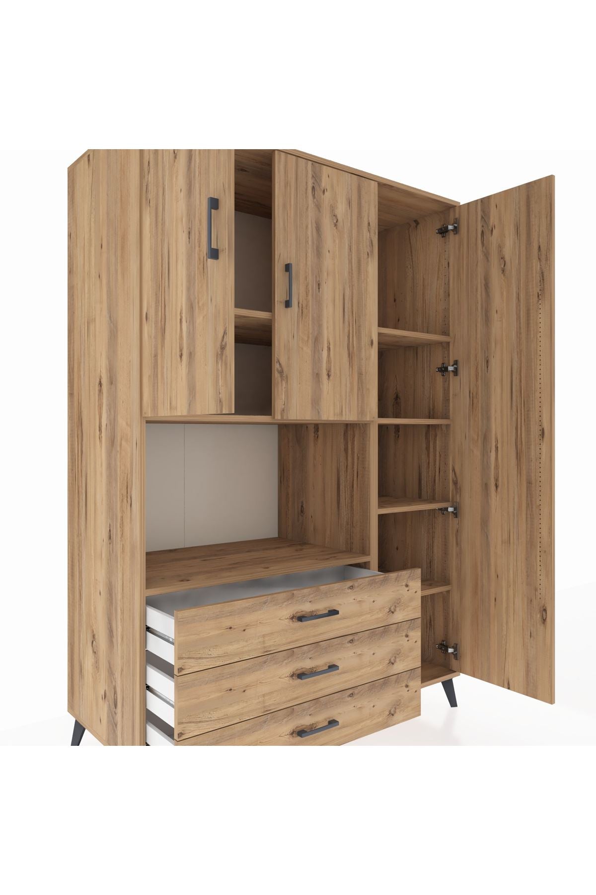 Kronos Dolap 7 Raflı 3 Çekmeceli 3 Kapaklı 132x59x195 Çam-Çam/Çam