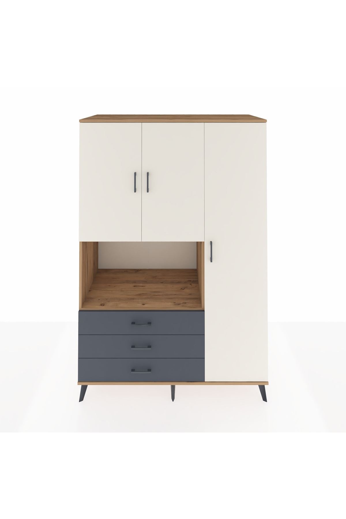 Kronos Dolap 7 Raflı 3 Çekmeceli 3 Kapaklı 132x59x195 Çam-Aytaşı/Antrasit