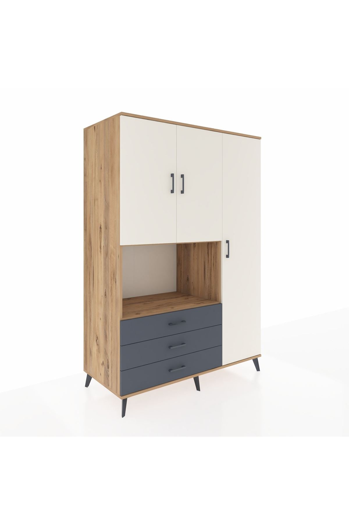 Kronos Dolap 7 Raflı 3 Çekmeceli 3 Kapaklı 132x59x195 Çam-Aytaşı/Antrasit