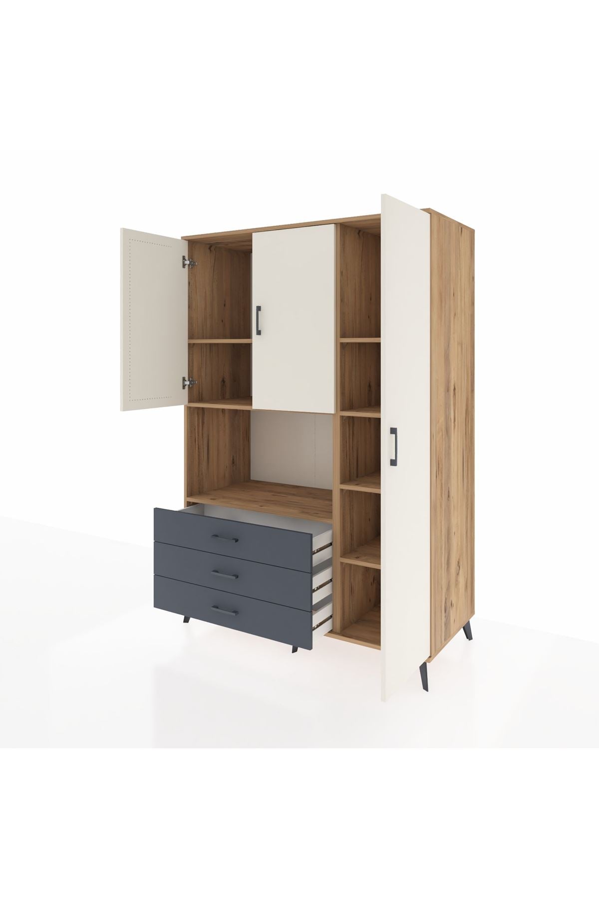 Kronos Dolap 7 Raflı 3 Çekmeceli 3 Kapaklı 132x59x195 Çam-Aytaşı/Antrasit