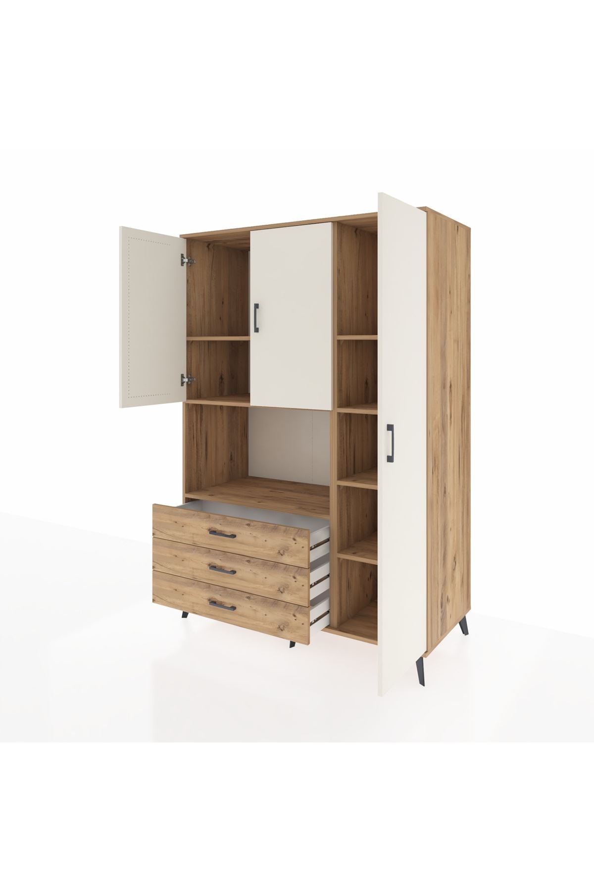 Kronos Dolap 7 Raflı 3 Çekmeceli 3 Kapaklı 132x59x195 Çam-Aytaşı/Çam