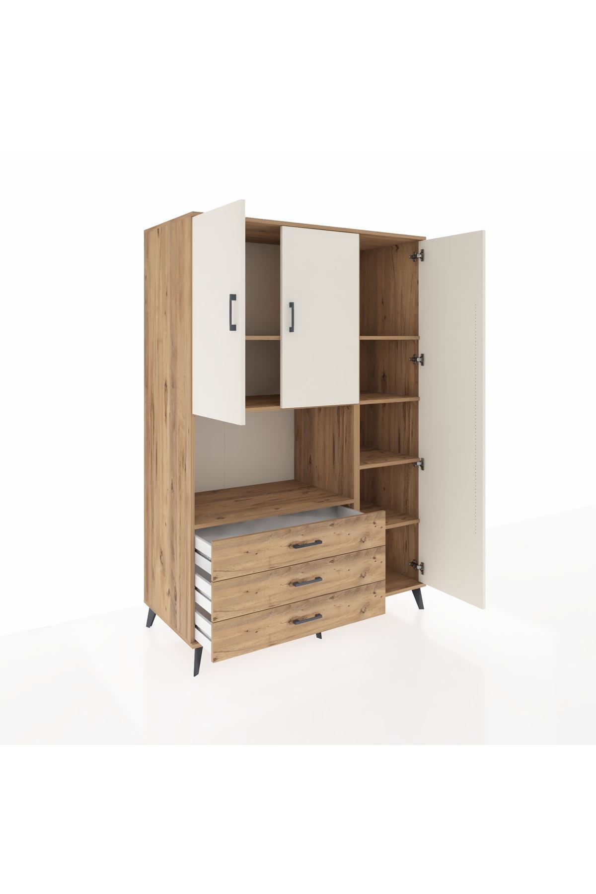 Kronos Dolap 7 Raflı 3 Çekmeceli 3 Kapaklı 132x59x195 Çam-Aytaşı/Çam