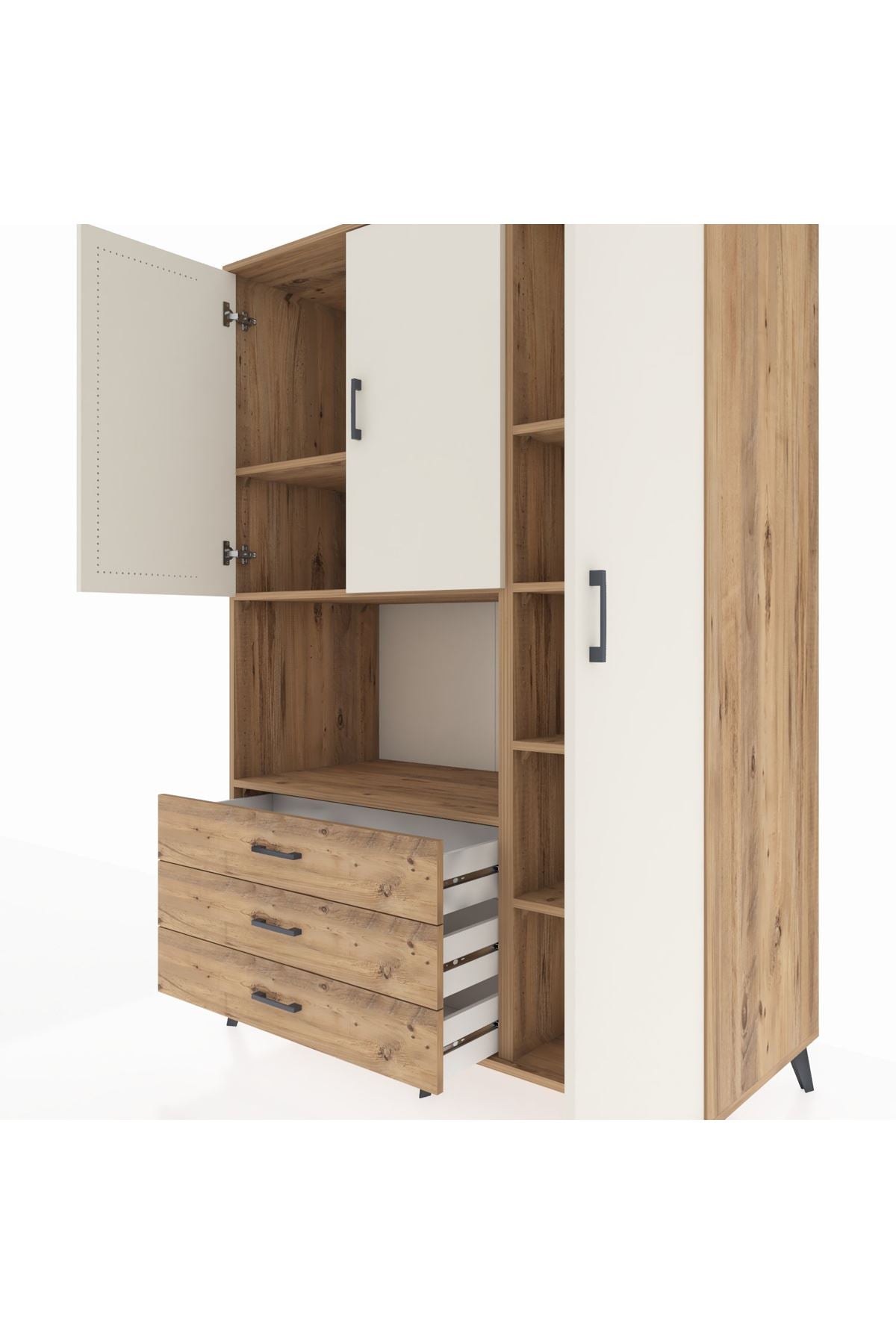 Kronos Dolap 7 Raflı 3 Çekmeceli 3 Kapaklı 132x59x195 Çam-Aytaşı/Çam