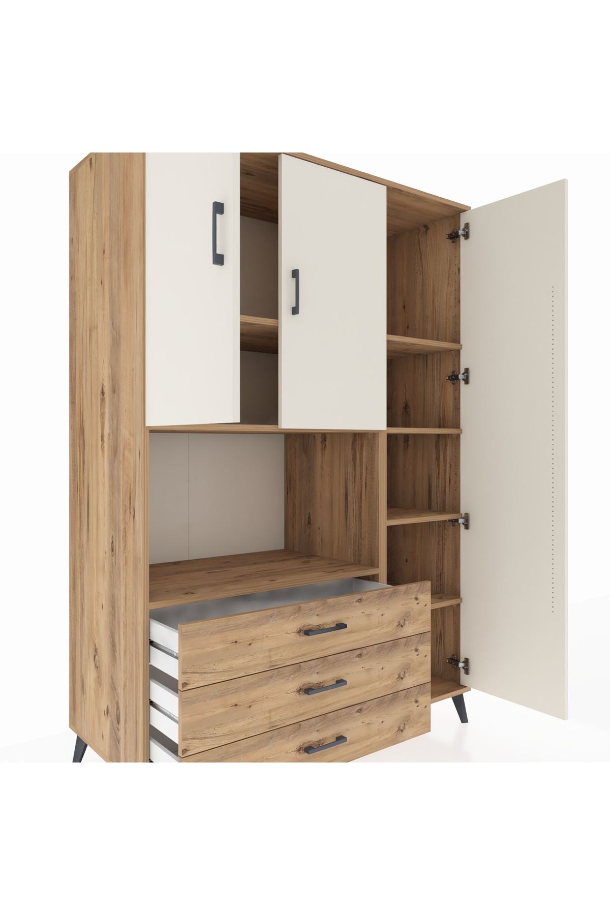 Kronos Dolap 7 Raflı 3 Çekmeceli 3 Kapaklı 132x59x195 Çam-Aytaşı/Çam