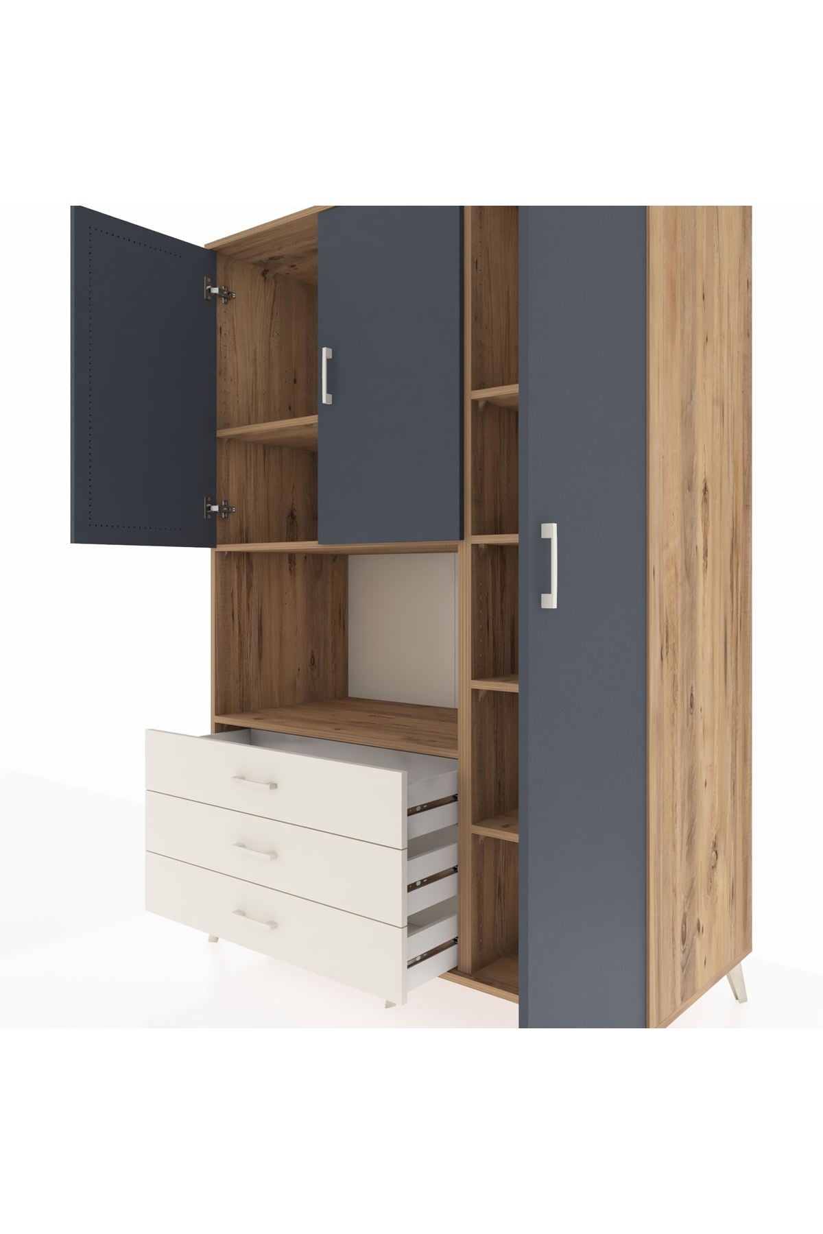 Kronos Dolap 7 Raflı 3 Çekmeceli 3 Kapaklı 132x59x195 Çam-Antrasit/Aytaşı