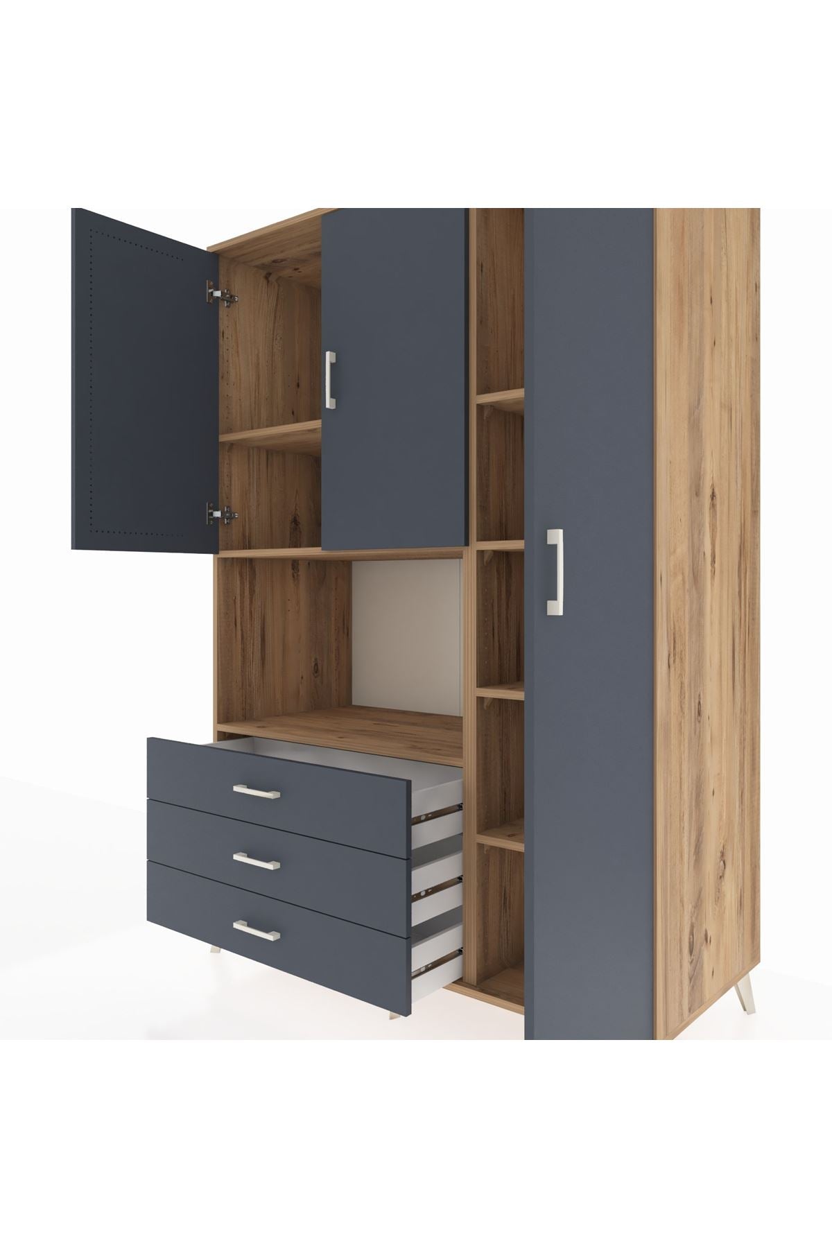 Kronos Dolap 7 Raflı 3 Çekmeceli 3 Kapaklı 132x59x195 Çam-Antrasit/Antrasit