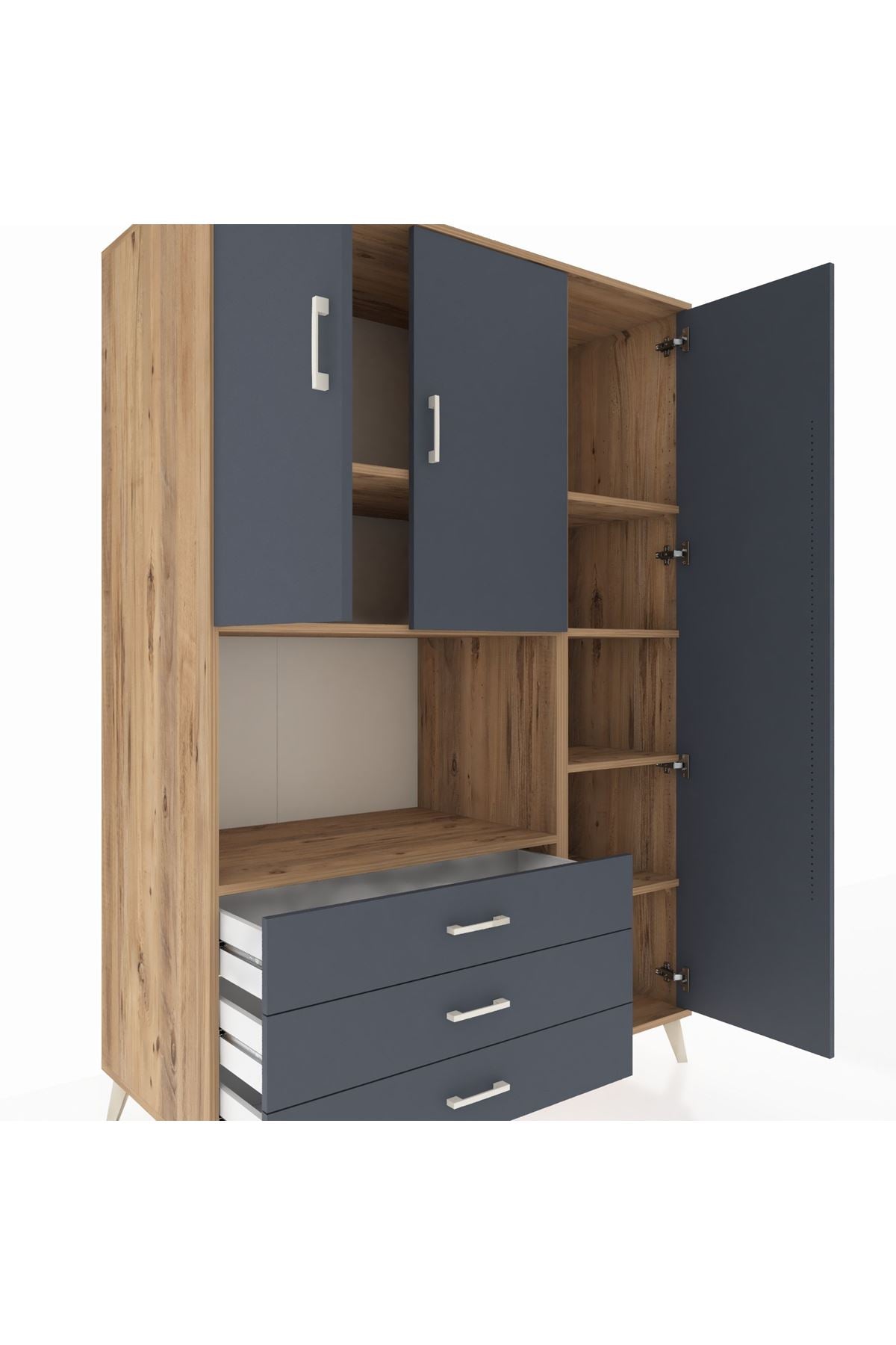 Kronos Dolap 7 Raflı 3 Çekmeceli 3 Kapaklı 132x59x195 Çam-Antrasit/Antrasit